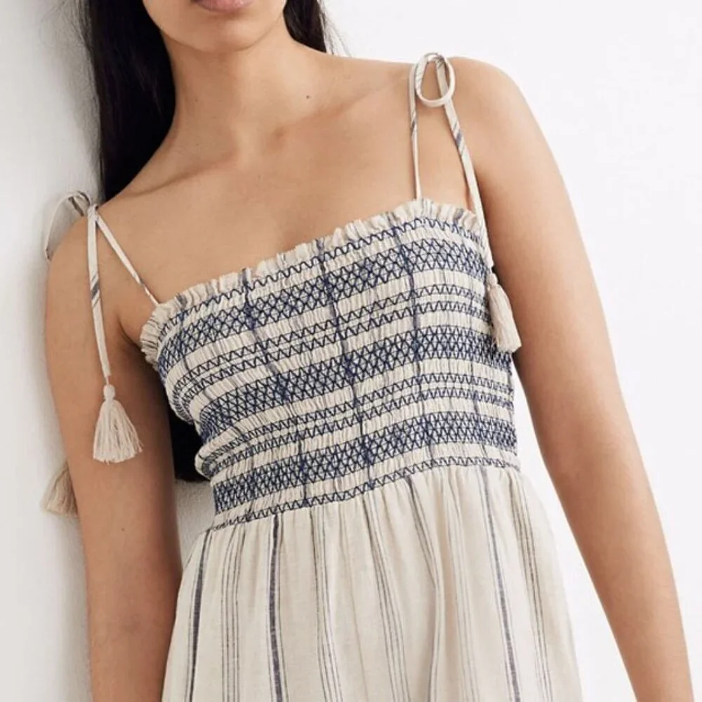 Madewell Striped Smocked Cami Jumpsuit S Cotton Linen Blend Tassel Strap Tie$138